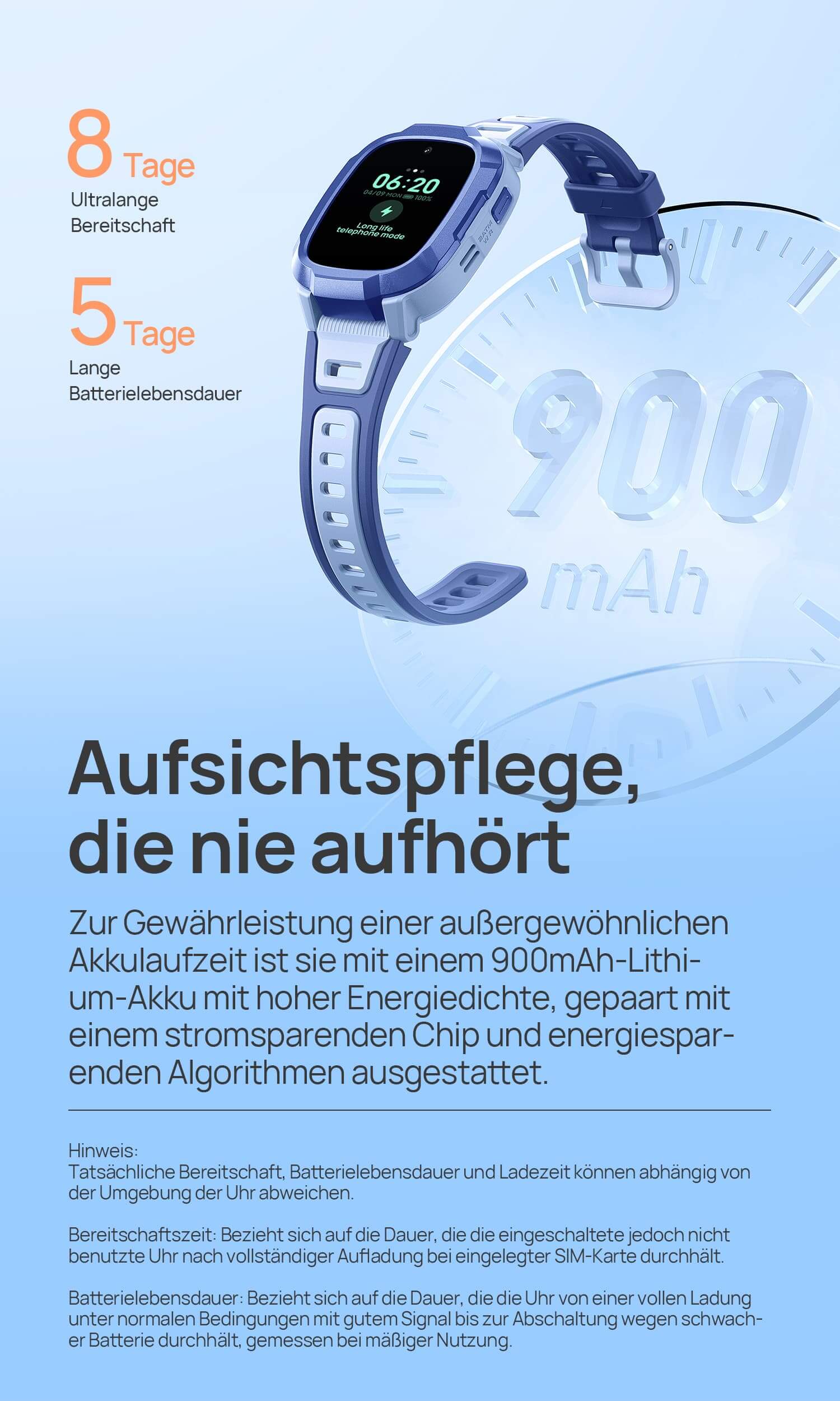 Lange 5-Tage-Batterielebensdauer.
Ultralange 8-Tage-Bereitschaft.
Aufsichtspflege, die nie aufhört.
Zur Gewährleistung einer außergewöhnlichen Akkulaufzeit ist sie mit einem 900mAh-Lithium-Akku mit hoher Energiedichte, gepaart mit einem stromsparenden Chip und energiesparenden Algorithmen ausgestattet.