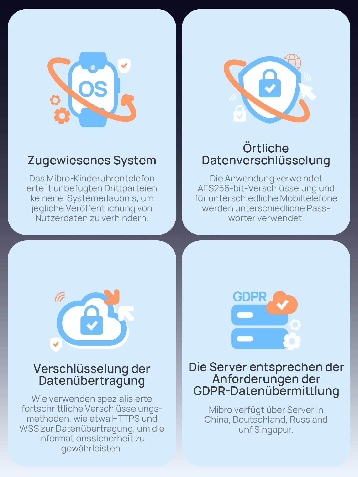 Zugewiesenes System.
Örtliche Datenverschlüsselung.
Verschlüsselung der Datenübertragung.
Die Server entsprechen der Anforderungen der GDPR-Datenübermittlung.