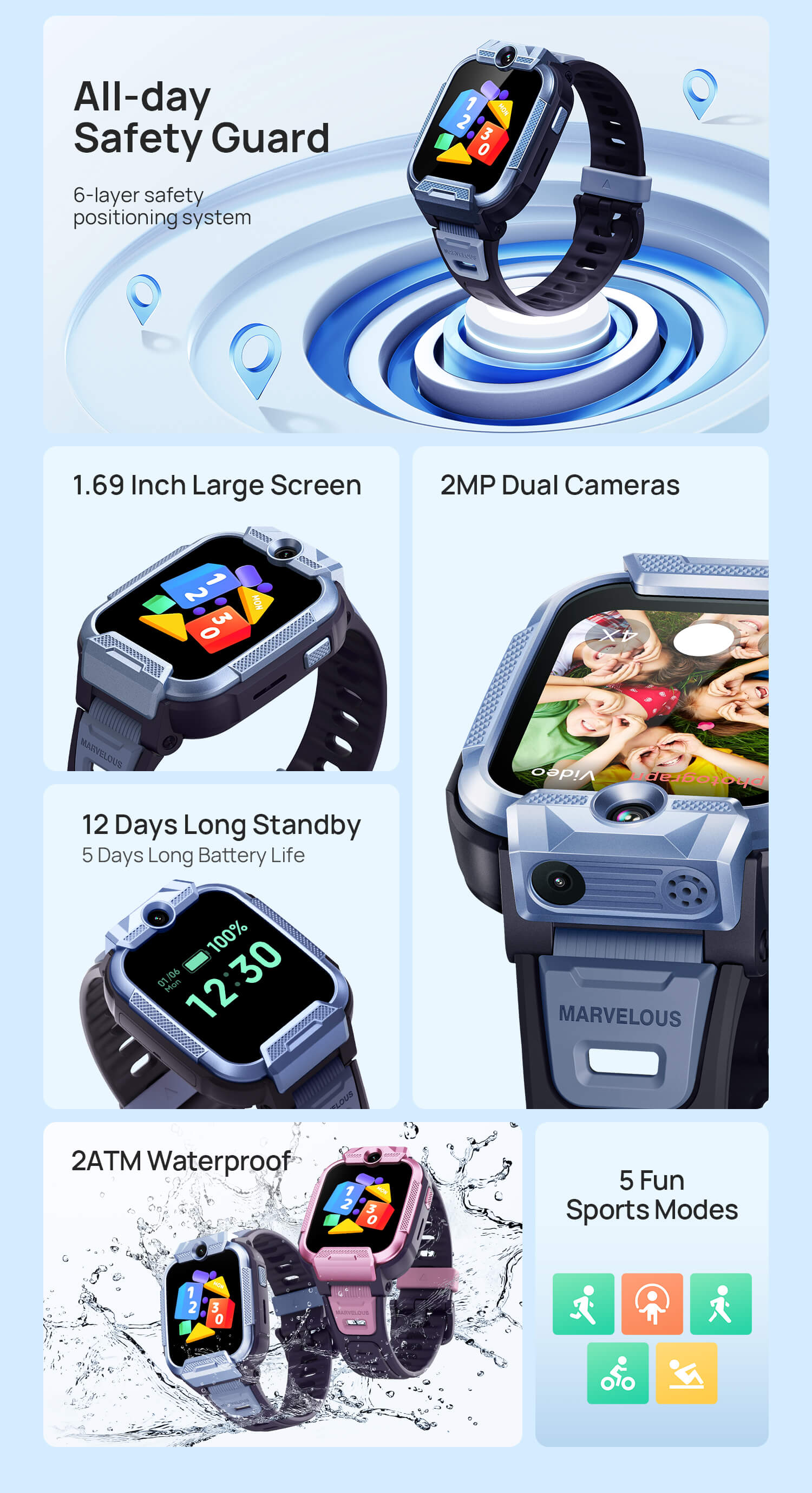 1.69 inch HD large screen 
2MP dual cameras
All-day safety guard
2ATM waterproof level
12 days long standby
5 days long battery life
5 fun sports modes