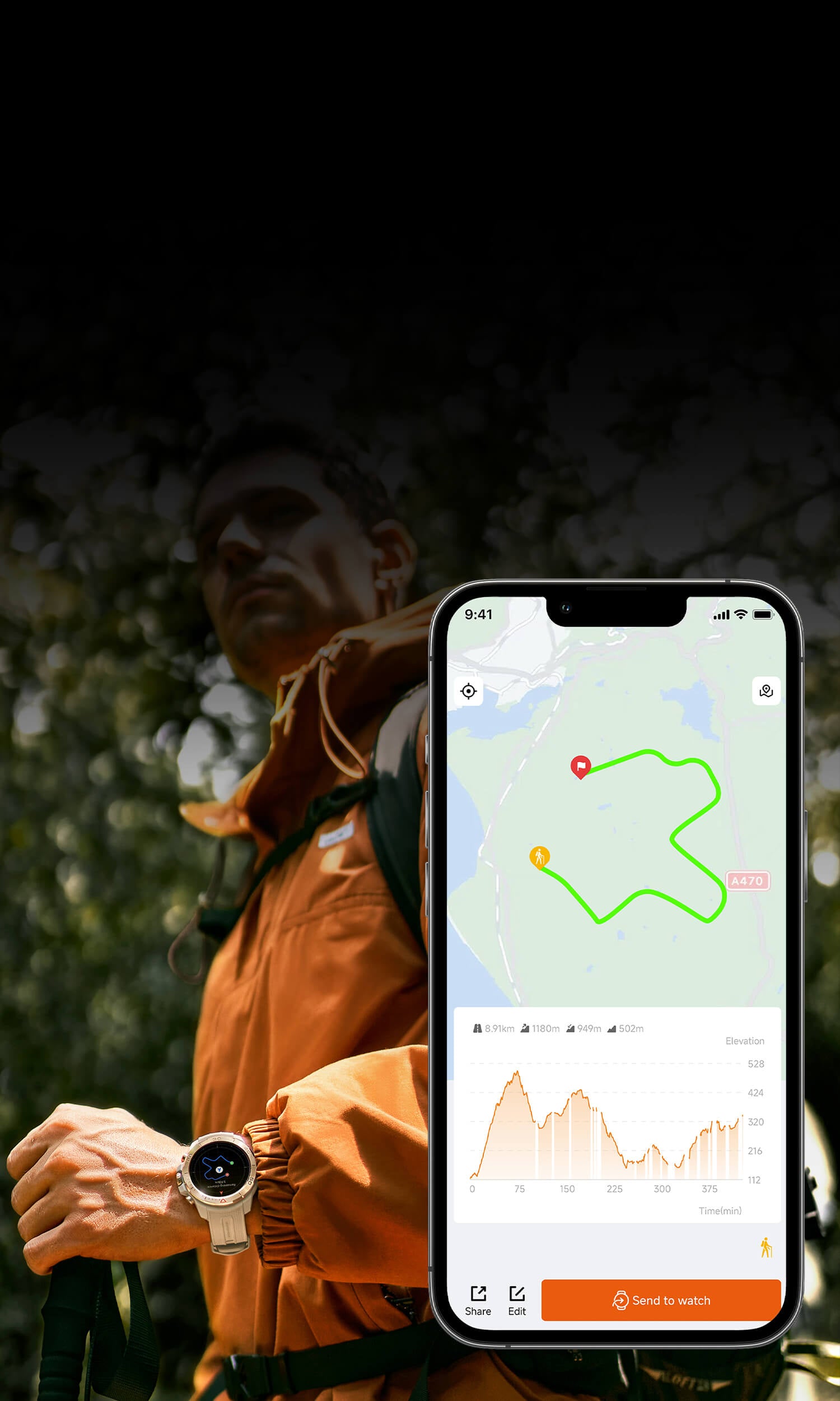 Roadbook Navigation Function
You can customize track routes to share with your friends, or import GPX, KML, and TCX files to the MibroFit App's route library through third-party Apps such as Strava, and push them to your Mibro watch to use the route navigation function.